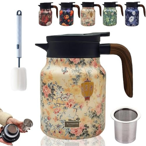 Peshoriadm Teapot, Portable Stainless Steel Thermal Carafe with Lid, Vintage Floral Pattern Teapot – Built-in Infuser, Illuminate teapot for Hot Tea, Detachable Insulated Tea Pot (Pink, 1000ml)