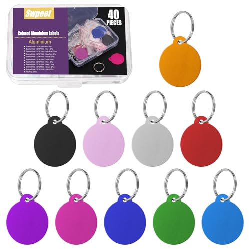 Swpeet 40pcs 10 Farben 1,4 x 1,2 Runde Aluminium Blank Tags mit Schlüsselring Sortiment Kit, Gravur Stempeln Blank Tags Haustier ID Tag für Anhänger Dekoration und Haustiere Tag Projekt