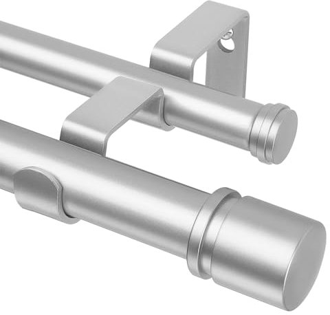 HOTOZON Barra de cortina de 2 vías, 80 – 218 cm, barra de cortina de doble caño plateado con topes clásicos, barras de cortina extensibles de 25 mm con soportes para salón, cocina, dormitorio