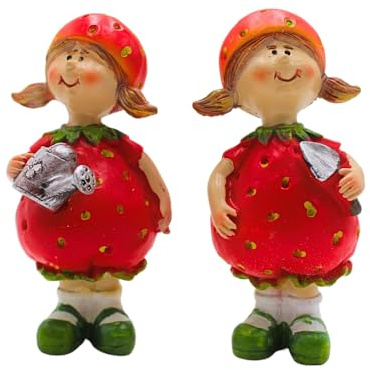 2 Stück Dekofiguren, Gartenfiguren als Erdbeere, Früchtefiguren als Erdbeere, Sommerfiguren, Erdbeerfiguren, Erdbeerkinder aus Keramik im 2er Set in Rot, Größe einer Figur: L/B/H 5 x 4 x 9 cm.