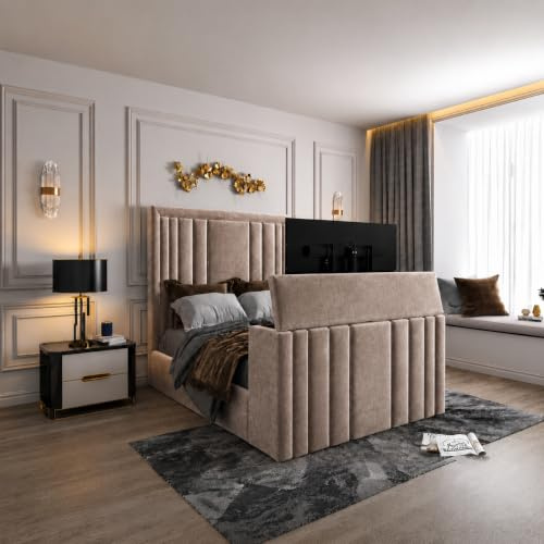 Urban Craft Remote Controlled TV Bed Frame, Plush Velvet Upholstered Electric TV Lift Bed, Luxury Panel Headboard, Fits TVs Up to 50 Inch