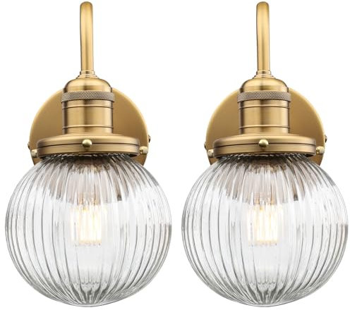 Pathson Set de 2 Vintage Col de Cygne Applique Murale Industriel E27 Luminaires Intérieur Abat-jour en Verre Rond Lampe Murale pour Salle de bains Cuisine Entrée (Laiton Antique 2PCS)