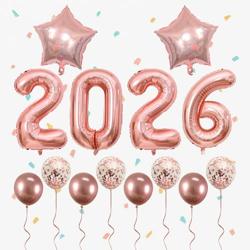 Silvester Deko 2026 Rosegold Folienballon Set XXL Zahlen Luftballons Partydeko Sternballon Latexballon Konfetti Ballons Silvesterparty Neujahr Raumdekoration Girlande Geburtstag Zubehör
