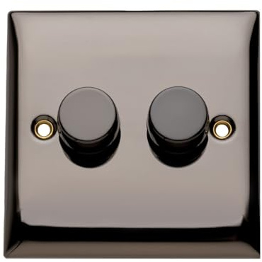 Britelite Double Dimmer Switch - Black Nickel Finish 2 Gang 2 Way Trailing Edge Dimmer Switch With Push On/Off Rotary Control For LED And Halogen Bulbs, Suitable For Domestic And Commercial Use