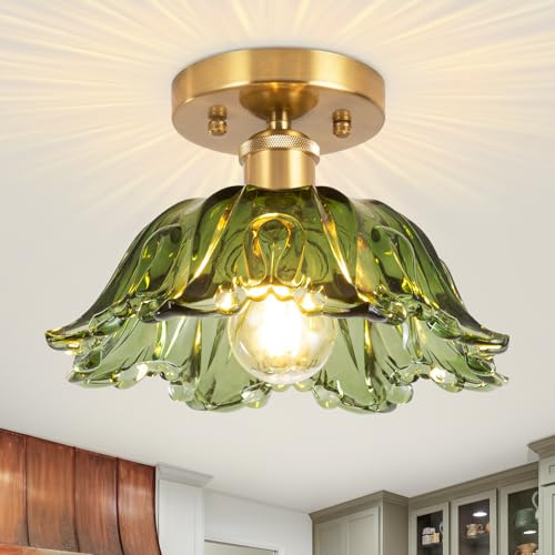 Vloitgol Deckenleuchte Vintage mit lampenschirm Grüne glas, E27 26cm, halbbündige Grüne Deckenlampe vintage blumen Glas für Schlafzimmer Flur Küche Esszimmer Wohnzimmer (Glühbirne nicht enthalten)