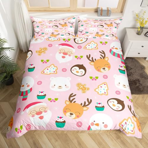 Homemissing Cartoon Weihnachtsmann Pinguin Bettwäsche Set 135x200cm Kinder rosa Weihnachten Bettbezug für Jungen Mädchen Weihnachtsbaum Betten atmungsaktive leichte Schneeflocke Raumdekoration