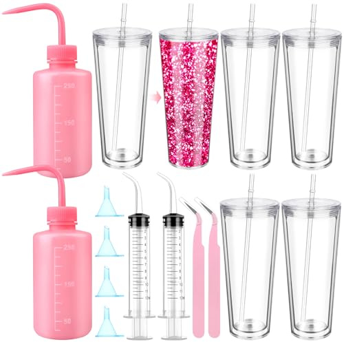 YXSJAS 14 Pcs Snow Globe Tumbler Supplies Including 4 Pcs 24 oz Plastic Snowglobe Cups with Lids and Straws Squeeze Bottle Bent Spout Syringe Tweezers Funnels for Glitter Snow Globe DIY Craft Gifts