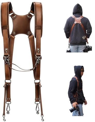 TAZZOR Kameragurt, Kameragurt Leder, Kamera-Zubehör Dual Harness für Zwei Kameras, Verstellbarer Doppelter Schultergurt, Doppel Kamera Gurt für Fotografen（Gewebtes Band + Leder ）