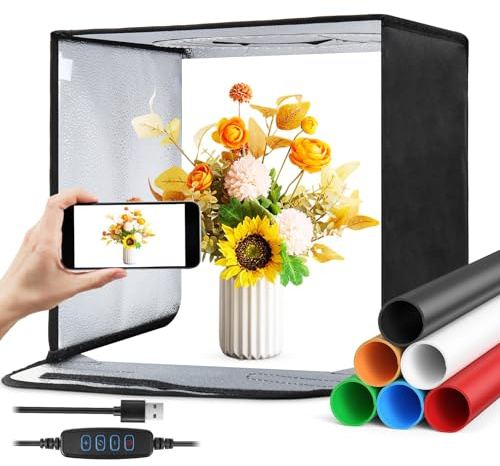 Fotobox Set Fotostudio 30 cm für Produktfotografie, LED-Lichtzelt mit 3 Farbtemperaturen & dimmbarer Selfie-Ringleuchte, 6 Hintergründe, klappbar – für Schmuck/Kunst/Kleinobjekte
