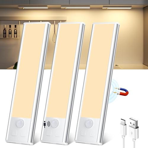3 Stück Schrankbeleuchtung LED Akku Dimmbar mit Bewegungsmelder Warmweiß | Unterbauleuchte Küche LED Lampe USB, Schranklicht Schrankleuchten für Küche, Kleiderschrank, Treppe, Schubladen, Weinschrank