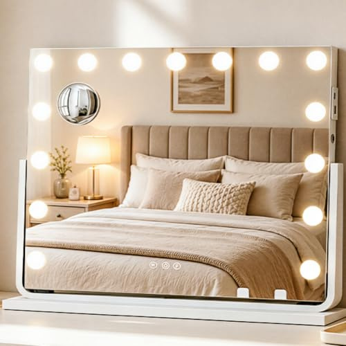 YITAHOME 15 LED Hollywood Schminkspiegel mit Beleuchtung, 58x46cm | 360° Drehbar Miroir Coiffeuse Led, 3 Dimmbare Lichtmodi, USB & Type-C Anschluss, 10X Vergrößerung & Handyhalterung