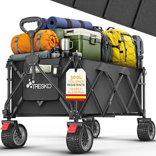 TRESKO® Chariot pliable 300 l avec frein | Chariot à main pliable 150 kg avec pneus en caoutchouc plein | Chariot de plage pliable extra large | Roues tout-terrain | Chariot de transport avec sac de