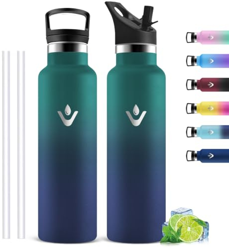 Botella Agua Acero Inoxidable 1l, Botellas Agua Gimnasio con Pajita, con 2 Tapones, Cantimplora Termica, A Prueba de Fugas, Sin BPA, Botella Termica para Ciclismo, Deporte, Cámping