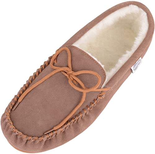 Mokassins Unisex-Hausschuhe aus Lammwolle mit fester Sohle braun, Braun - hellbraun - Größe: 40 EU