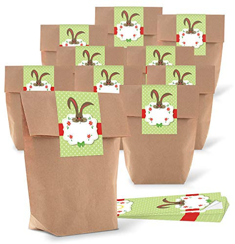 Logbuch-Verlag 10 Ostertüten Kraftpapier Osterbeutel mit Osterhase Aufkleber zum Beschriften 16,5 x 26 x 6,6 cm Ostern Papiertüte zum Befüllen