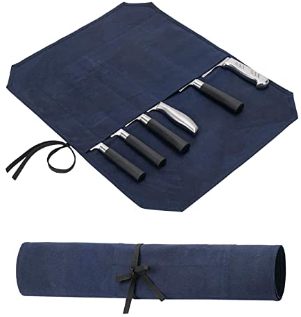 QCWN Waxed Canvas Chef Knife Roll Bag Heavy Duty Storage Knife Cutlery Tool Case with 6 Slots Wrapping Strap (Blue)