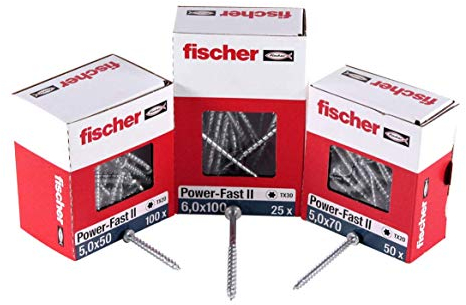 fischer - Vis à bois PowerFast II 5.0x20 Tête cylindrique bombée. empreinte TX. zingué blanc. filetage total/Boite de 200