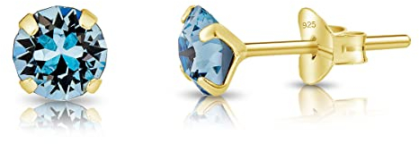 DTPsilver - KLEINE Ohrringe 925 Sterling Silber Gelb Vergoldet mit Kristallen von Swarovski® Elements Runde Ohrstecker - Durchmesser 5 mm - Farbe : Aquamarin