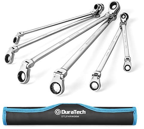 DURATECH Extra Long Flex-Head Ratcheting Wrench Set, Double Box End Wrench Set, 6-Piece, Metric 8-19 mm, CR-V Steel, with Pouch