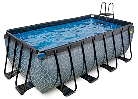 EXIT Toys Stone Pool - 400x200x122cm - Großer, Rechteckiger Rahmenpool mit Kartuschenfilterpumpe - Extra tiefer Pool - Starker Rahmen - Inklusive Poolleiter - Einzigartiges Design - Grau