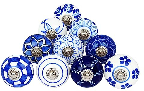 Ajuny Set of 10 Ceramic Knobs Blue and White Handmade for Kitchen Cabinets Furniture Door Cupboards Dresser Drawers Chest Glossy Finishing Handles Pull Decorative Knobs