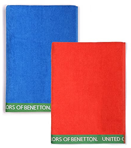 UNITED COLORS OF BENETTON, SET 2 TOALLAS DE PLAYA 90X160CM 380GSM VELOUR 100PercentALGODON CASA BENETTON, Azul + Rojo, 90x160 c/u