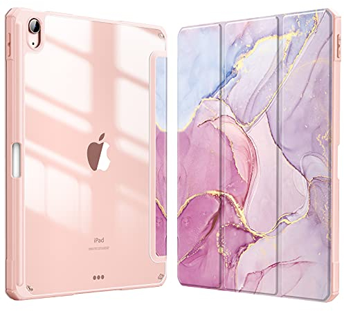 Fintie Hybrid Hülle für iPad Air 5. Generation 2022 / iPad Air 4. Generation 2020 10.9 Zoll mit Stifthalter - Stoßfeste Schutzhülle mit transparenter Hartschale auf der Rückseite, Marmor Rosa