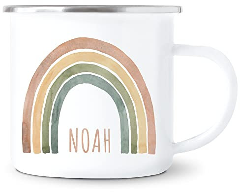 Regenbogen Tasse mit Namen Personalisiert für Kinder Kindertasse aus Emaille für Mädchen Jungen Namensgeschenk