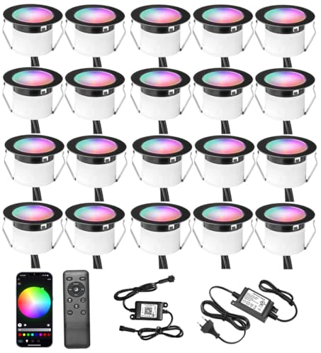 WIFI Spot LED Encastrable Extérieur RGBW-GEYUEYA Home Ø45MM 12V RGB/Blanc chaud Contrôleur Étanche IP67 LED Lumières de terrasse pour Patio Path Steps de jardin avec télécommande 24 touches