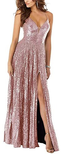 N/ C SAYNO Robes de demoiselle d'honneur longues en paillettes avec col en V profond et fente haute, bretelles fines, robe de soirée de fête, rose gold, 36