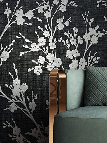 Newroom Tapete Schwarz Vliestapete Leicht Glänzend - Blumentapete Floral Silber Blumen Blätter Landhaus inkl. Tapezier-Ratgeber