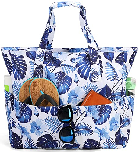 LEDAOU Große Strandtasche Damen Umhängetasche Handtasche wasserdicht sanddicht mit Reißverschluss Strandtasche für Pool Fitnessstudio Reisen mit Nasstasche (Blume)