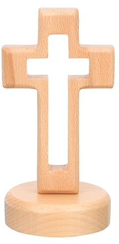 Veemoon 1 Set Holzkreuz mit Runden Basis Spirituelles Religiöses Kreuz Holz Stehend Plattenkreuz für Kirchenheimdekoration- Khaki