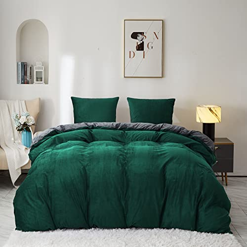 Tospass Winter Bettwäsche 200x200cm 3 Teilig Plüsch Flanell Fleece Grün Dunkelgrün Grau Warm Winterbettwäsche Flauschig Samt Cashmere Touch Wende Bettbezug mit Reißverschluss 2 Kissenbezug 80x80cm