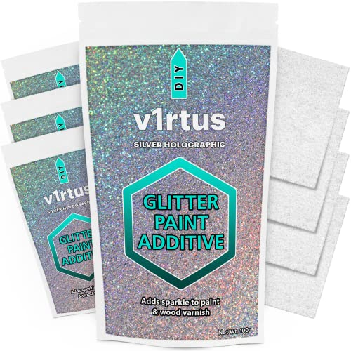 v1rtus Silber Holographisch Glitzerzusatz für Farbe [400g] mit 4x Schwabbelpads zum Streichen von Glitzerwänden - Zu Emulsionsfarbe, Innen oder Außen hinzufügen für Einfache Glitzerwände, Decke