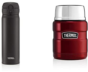 Thermos Super Light Direct Drink Flask, Matt Black, 470 ml & 184807 Stainless King Food Flask, Cranberry Red, 0.47 L