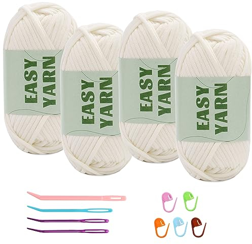 4 X 50g Wolle zum Häkeln Dickes Garn Easy Yarn Häkelgarn Chenille Wolle zum Häkeln gut Sichtbare Maschen, Dicke Wolle zum Häkeln Dickes Baumwoll-Nylon-Milchig Weißes mit Häkelzubehör