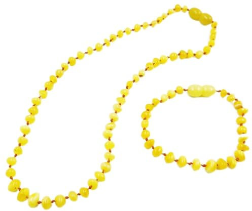 Amber Jewelry Shop Set aus Halskette und Armband aus natürlichem baltischen Bernstein, Bernsteinkette, 34 cm, Armband 14 cm, Bernstein, Geschenkset (gelb)