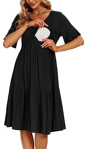 Smallshow Women's Maternity Nursing Dress Ruffle Short Sleeve Breastfeeding Clothes, Black, L