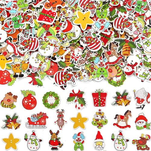 AUGSUN Holzknöpfe für Weihnachten, Schneemann, Weihnachtsmann, Elch-Form, zum Basteln, Nähen, Kleidung, DIY, Weihnachten, Winter, Urlaub, dekoratives Zubehör, 250 Stück