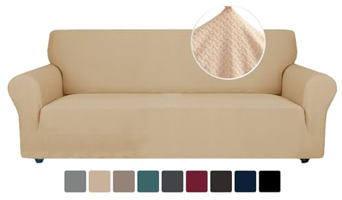 Ystyle Stretch Sofa überzug 4 Sitzer, Elastisch Sofabezug Mit Armlehnen, Jacquard Couch überzug rutschfest, Waschbar Sofa Cover Protector Für Hunde Haustiere, Beige Gelb