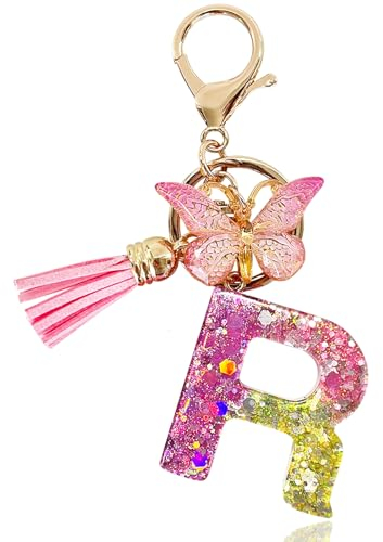 Yanmucy Buchstaben Schlüsselanhänger Mädchen Ringe Lila Niedlich Schlüsselanhänger Glitzer mit Schmetterling Quasten Harz Keychain Aesthetic für Tasche Charme Frauen Mädchen Tasche Dec (R)