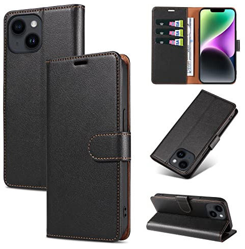KKEIKO Coque pour iPhone 14 Plus, Antichoc Magnetique Étui à Rabat avec Porte Cartes, Portefeuille Housse en Cuir PU Coque pour iPhone 14 Plus, Noir