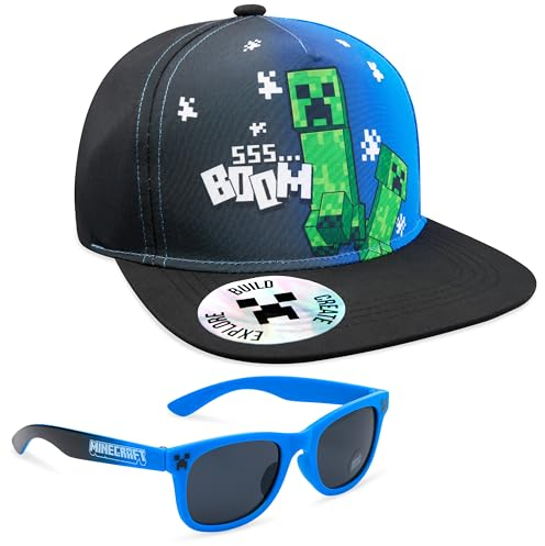 MINECRAFT Occhiali Sole Cappello Bambino Set Creeper Berretto Baseball Regolabile con Visiera e 100% UV Occhiali da Sole (6-14 Anni, Nero/Blu)