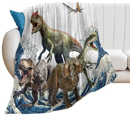 COALHO Rustikale Holzbretter, Wildtier-Überwurf, Sofa, Couch, flauschige, warme Decke, Aquarell, japanische Wellen, Dinosaurier, Decke, Bett, Plüsch, Überwurf, Flanell-Überwurf, 150 x 200 cm