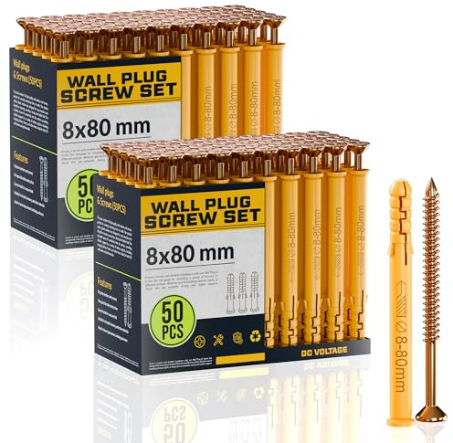 DC VOLTAGE 50pcs x 2 Wall Plugs and Screws Set 8 x 80 mm Anchor Bolts For Masonry Brick Concrete Heavy Duty Brick Concrete Fixings Plugs Set