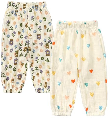 2er Pack Kinder Jungen Mädchen Pumphose Sommer Baumwoll Leinenhose Leichte Atmungsaktive Anti-Moskito Bloomers Cartoon Lässige Hose(Gras und Bunte Herzen,140)