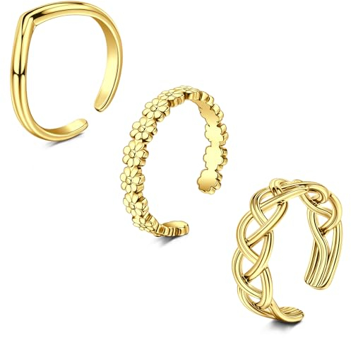 WillTen 3Pcs Gold Toe Ring Edelstahl einstellbar Bend Open Toe Ring, Plain Thin CZ Toe Finger Tail Ring Sommer Strand Fuß Schmuck Set für Frauen Männer