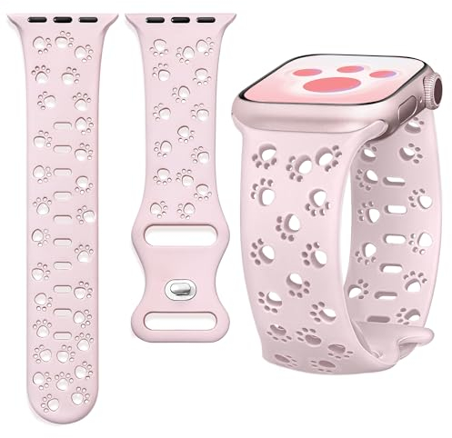 Ocaer Kompatibel mit Apple Watch 49mm 46mm 45mm 44mm 42mm, Weiches Silikon iWatch Armband für Apple Watch Ultra 2/1 Series 10 9 8 7 6 5 4 3 2 1 SE, Katze Hund Pfote Sport Band Damen(Rosa)