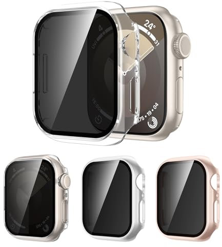 [3Pezzi] Kamita Custodia per Apple Watch 9 8 7 41mm con Protezione Dello Schermo in Vetro Temperato per la Privacy, Duro PC Bumper Case Anti-spia Cover per iWatch9/iWatch8 (Chiaro+Argento+Oro Rosa)